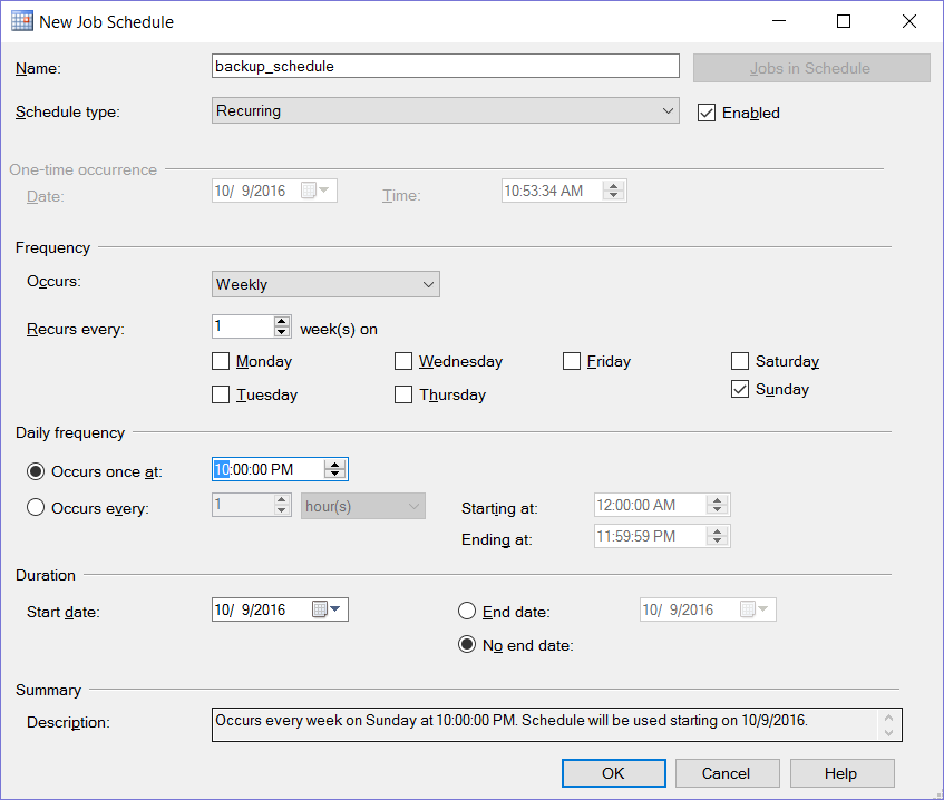 SQL Server Agent and New Job Schedule
